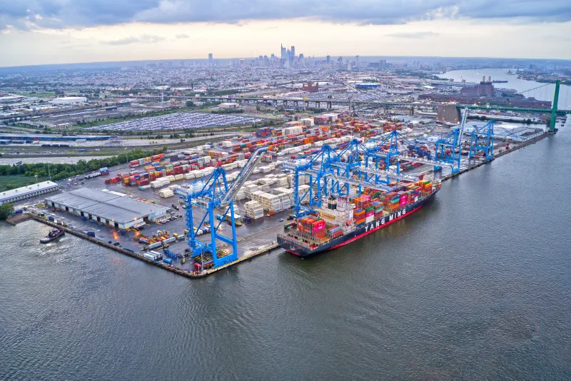 Aerial view of cargo ships at the Port of Philadelphia